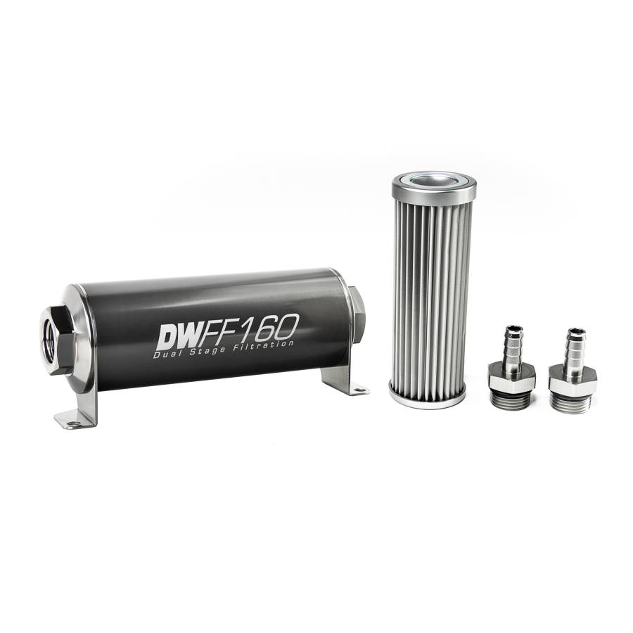 DeatschWerks - DeatshWerks In-Line Universal Fuel Filter Kit - Stainless Steel 5 micron, 3/8in Hose Barb, 160mm - Image 1