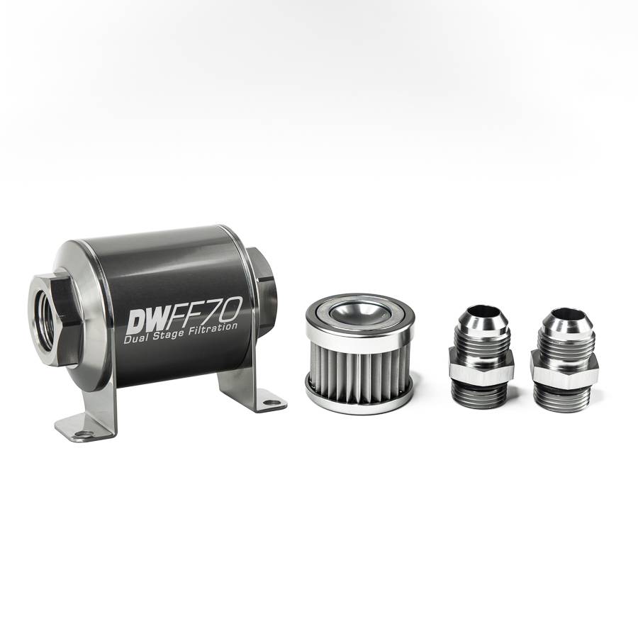 DeatschWerks - DeatshWerks In-Line Universal Fuel Filter Kit - Stainless Steel 5 Micron, 3/8in Hose Barb, 70mm - Image 1