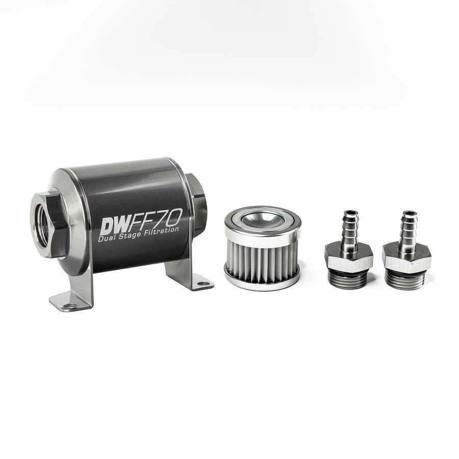 DeatschWerks - DeatshWerks In-Line Universal Fuel Filter Kit - Stainless Steel 5 Micron, 5/16in Hose Barb, 70mm - Image 1