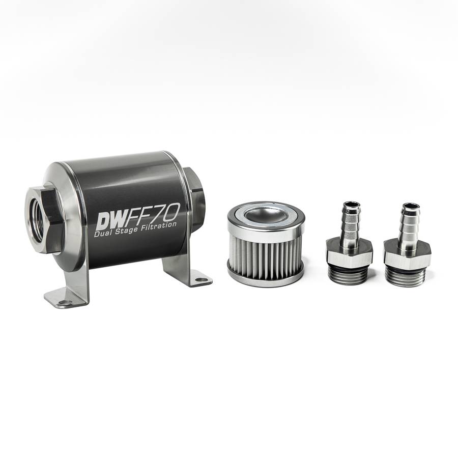 DeatschWerks - DeatshWerks In-Line Universal Fuel Filter Kit - Stainless Steel 10 Micron, 3/8in Hose Barb, 70mm - Image 1