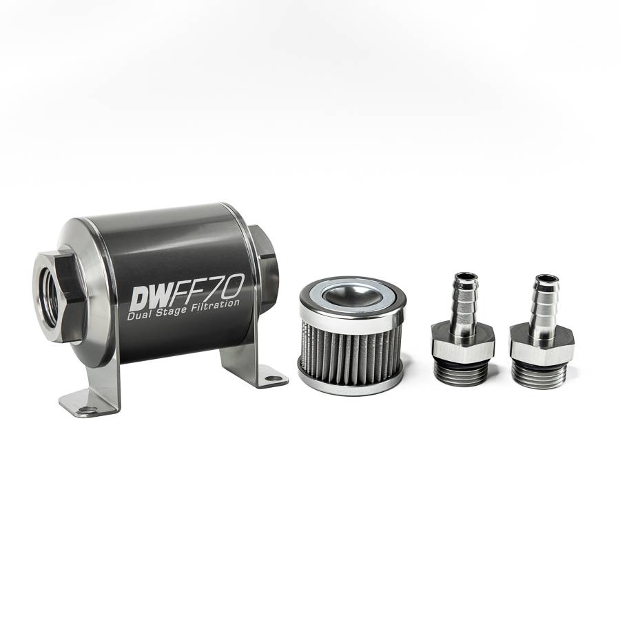 DeatschWerks - DeatshWerks In-Line Universal Fuel Filter Kit - Stainless Steel 40 Micron, 3/8in Hose Barb, 70mm - Image 1