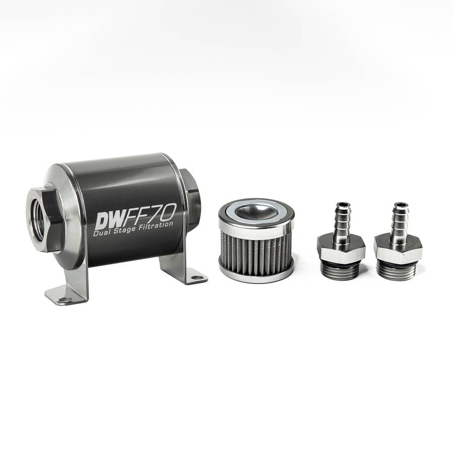 DeatschWerks - DeatshWerks In-Line Universal Fuel Filter Kit - Stainless Steel 40 Micron, 5/16in Hose Barb, 70mm - Image 1
