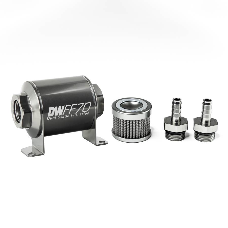 DeatschWerks - DeatshWerks In-Line Universal Fuel Filter Kit - Stainless Steel 100 Micron, 3/8in Hose Barb, 70mm - Image 1