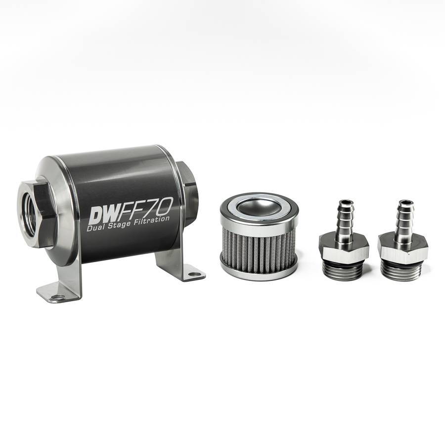 DeatschWerks - DeatshWerks In-Line Universal Fuel Filter Kit - Stainless Steel 100 Micron, 5/16in Hose Barb, 70mm - Image 1