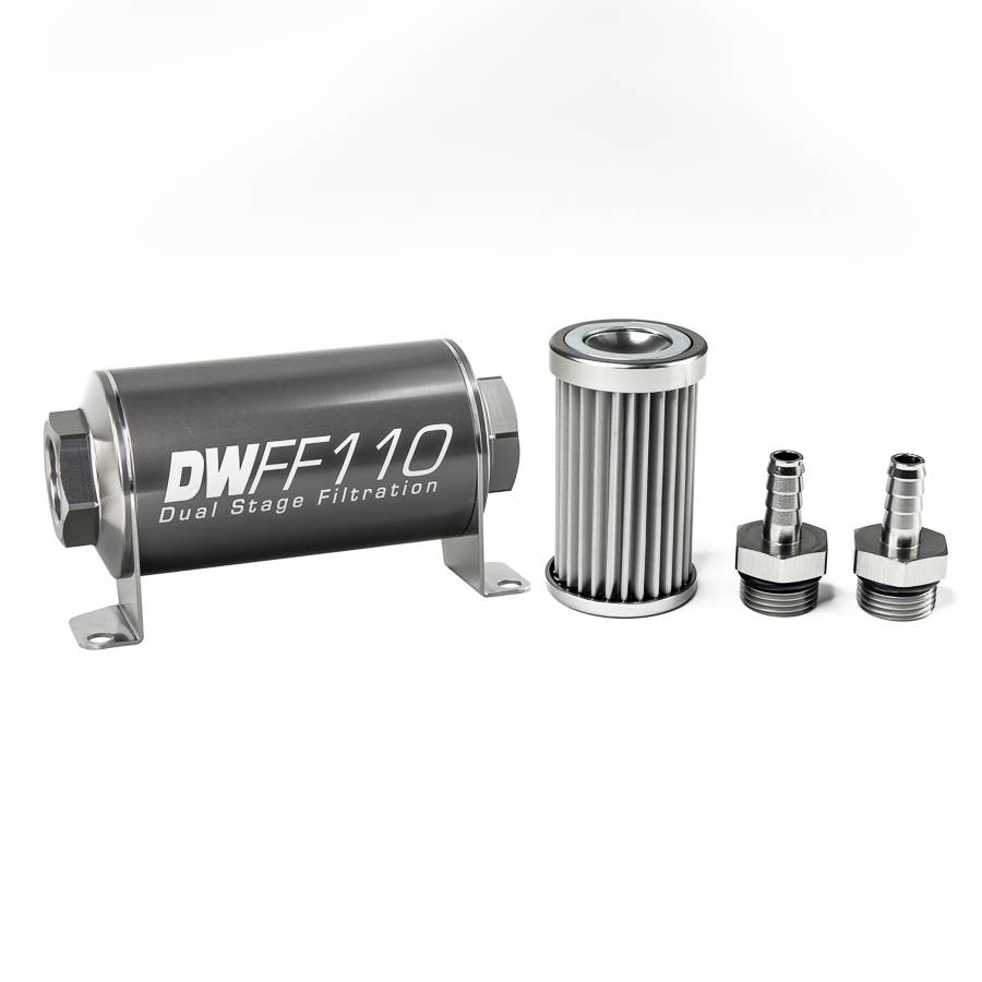 DeatschWerks - DeatshWerks In-Line Universal Fuel Filter Kit - Stainless Steel 5 Micron, 3/8in Hose Barb, 110mm - Image 1