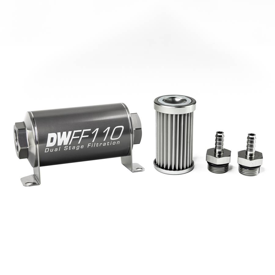 DeatschWerks - DeatshWerks In-Line Universal Fuel Filter Kit - Stainless Steel 5 Micron, 5/16in Hose Barb, 110mm - Image 1