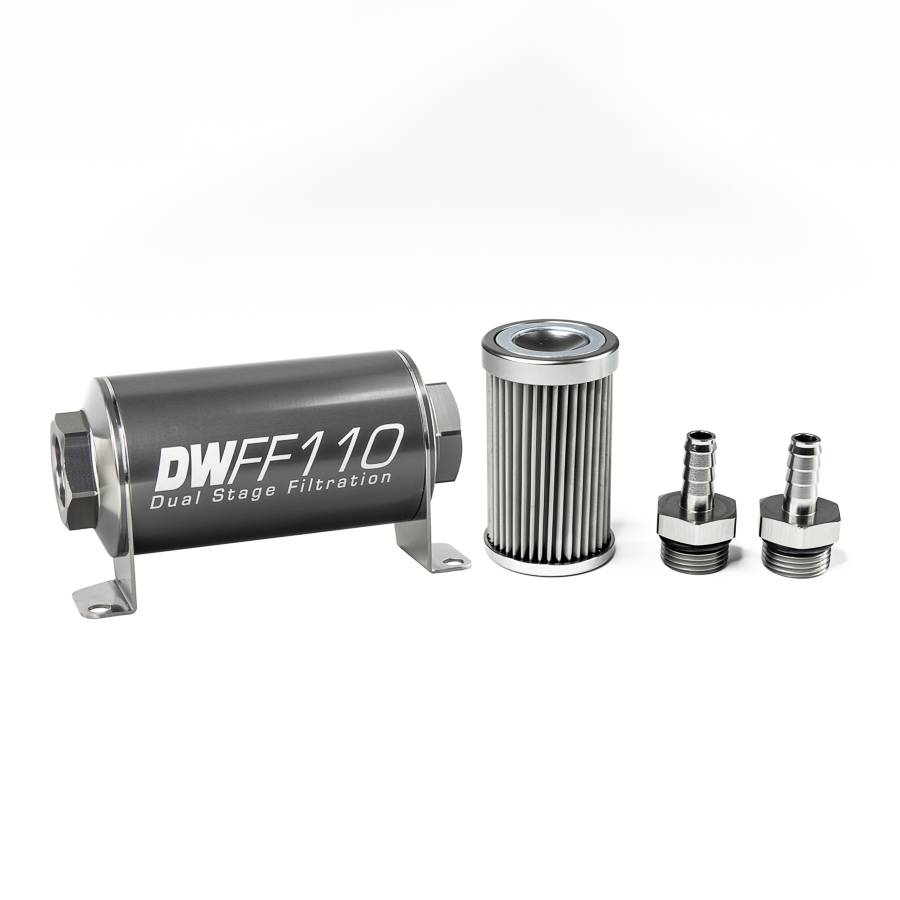 DeatschWerks - DeatshWerks In-Line Universal Fuel Filter Kit - Stainless Steel 10 Micron, 3/8in Hose Barb, 110mm - Image 1