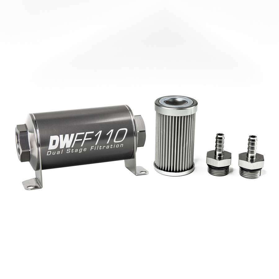 DeatschWerks - DeatshWerks In-Line Universal Fuel Filter Kit - Stainless Steel 10 Micron, 5/16in Hose Barb, 110mm - Image 1