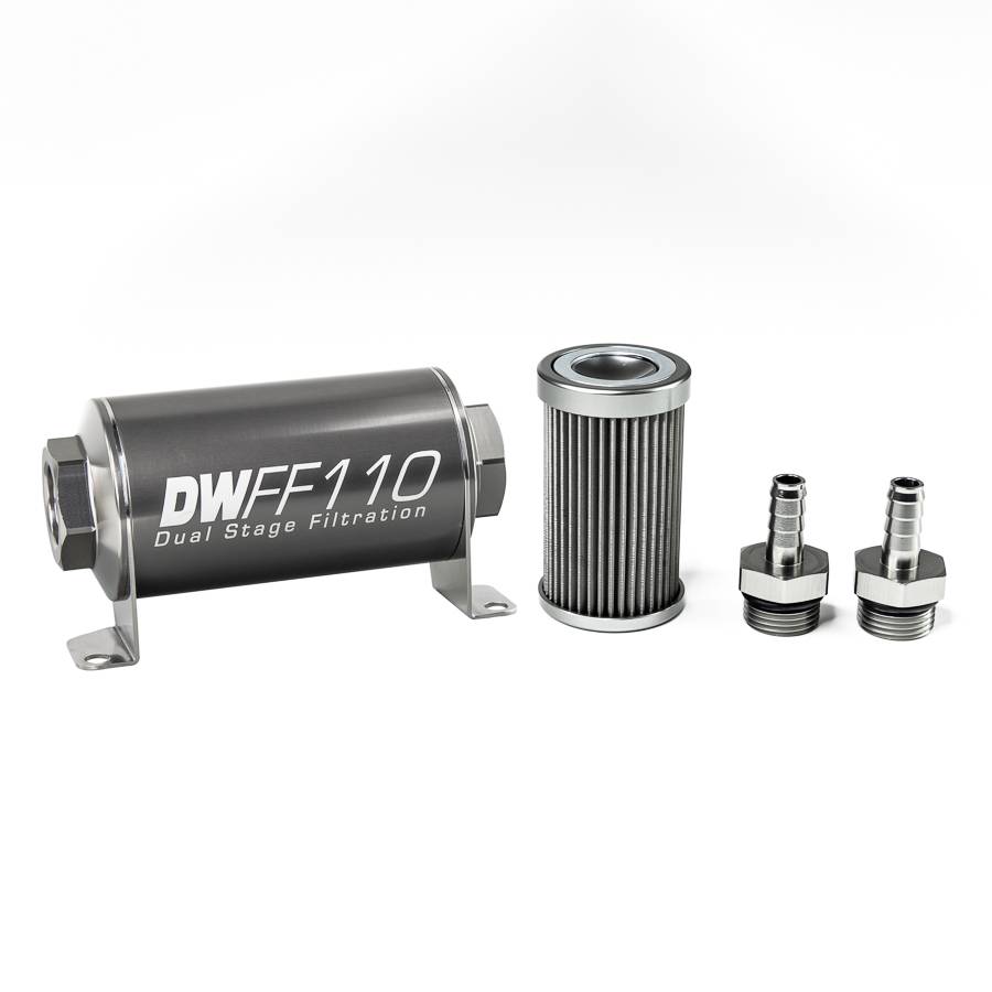 DeatschWerks - DeatshWerks In-Line Universal Fuel Filter Kit - Stainless Steel 40 Micron, 3/8in Hose Barb, 110mm - Image 1