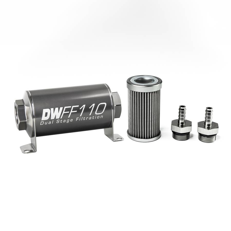 DeatschWerks - DeatshWerks In-Line Universal Fuel Filter Kit - Stainless Steel 40 Micron, 5/16in Hose Barb, 110mm - Image 1