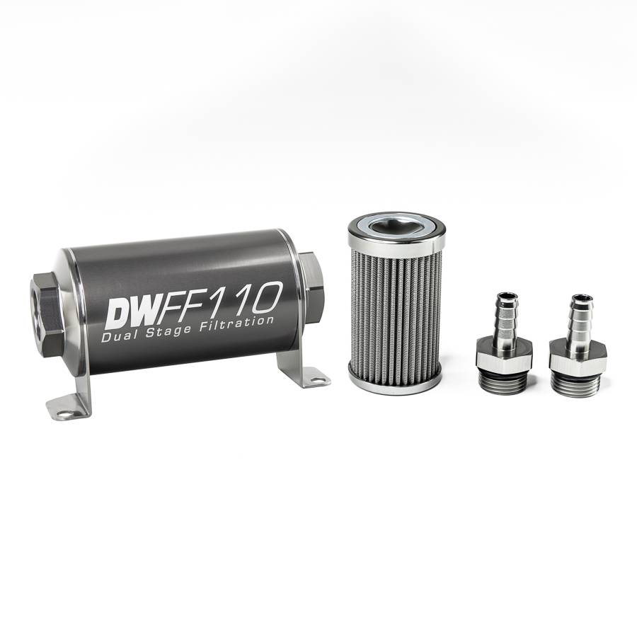 DeatschWerks - DeatshWerks In-Line Universal Fuel Filter Kit - Stainless Steel 100 Micron, 3/8in Hose Barb, 110mm - Image 1