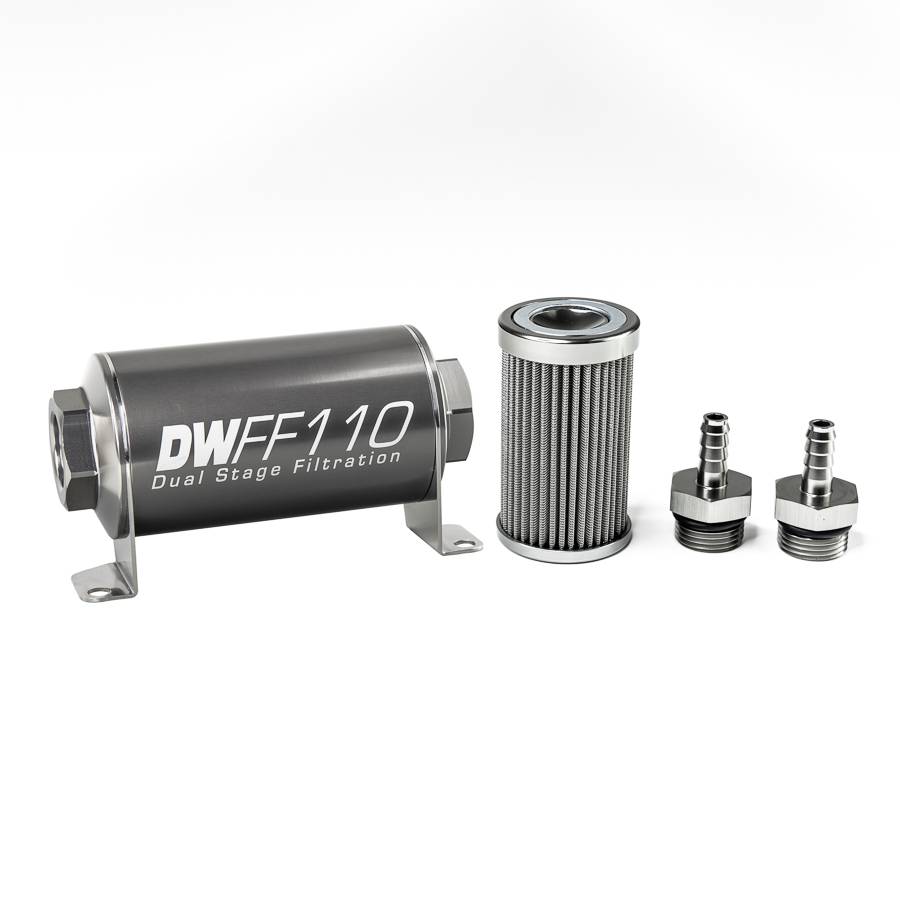DeatschWerks - DeatshWerks In-Line Universal Fuel Filter Kit - Stainless Steel 100 Micron, 5/16in Hose Barb, 110mm - Image 1