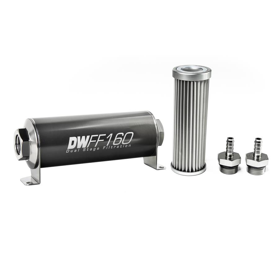 DeatschWerks - DeatshWerks In-Line Universal Fuel Filter Kit - Stainless Steel 5 micron, 5/16in Hose Barb, 160mm - Image 1