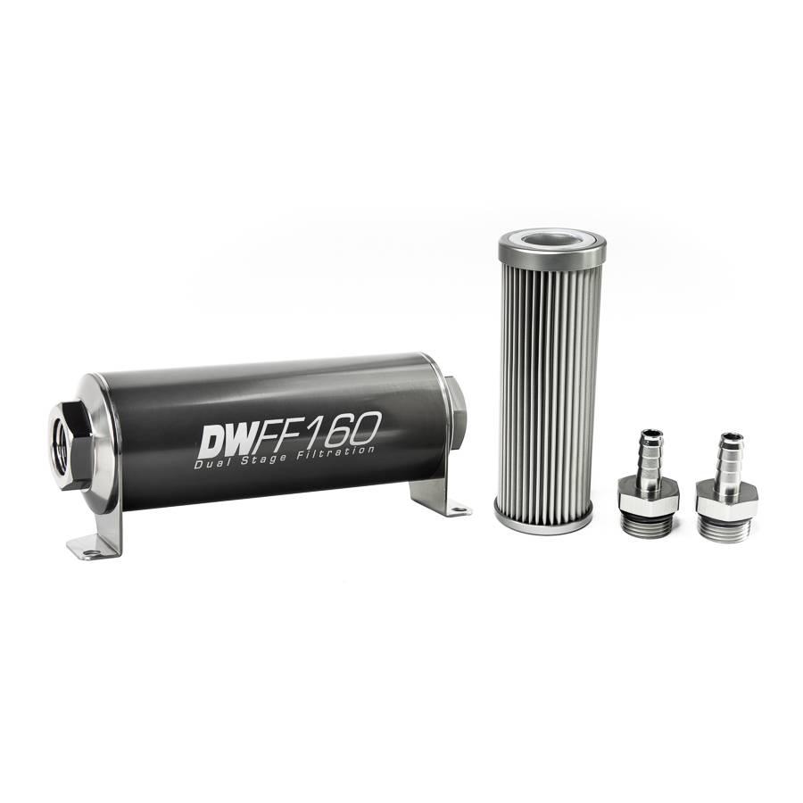 DeatschWerks - DeatshWerks In-Line Universal Fuel Filter Kit - Stainless Steel 10 micron, 3/8in Hose Barb, 160mm - Image 1
