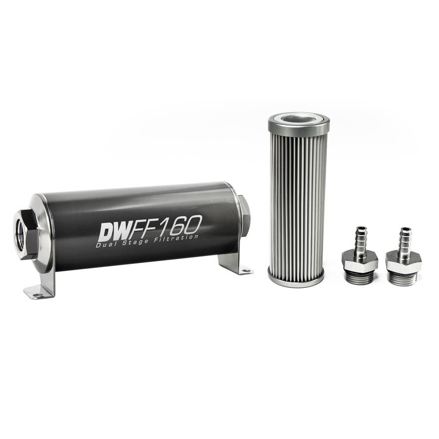 DeatschWerks - DeatshWerks In-Line Universal Fuel Filter Kit - Stainless Steel 10 micron, 5/16in Hose Barb, 160mm - Image 1