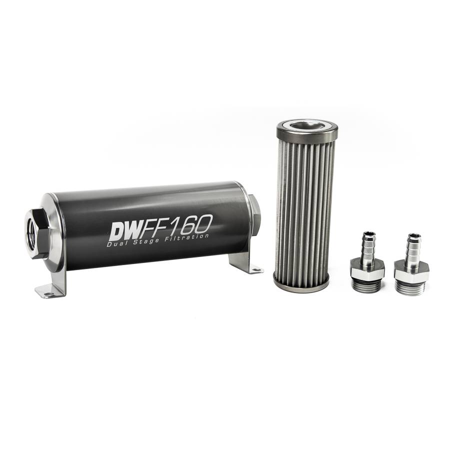 DeatschWerks - DeatshWerks In-Line Universal Fuel Filter Kit - Stainless Steel 40 micron, 3/8in Hose Barb, 160mm - Image 1