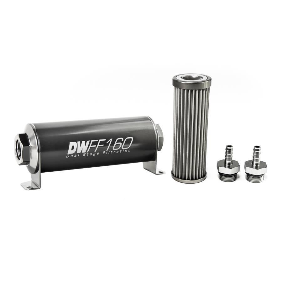 DeatschWerks - DeatshWerks In-Line Universal Fuel Filter Kit - Stainless Steel 40 micron, 5/16in Hose Barb, 160mm - Image 1