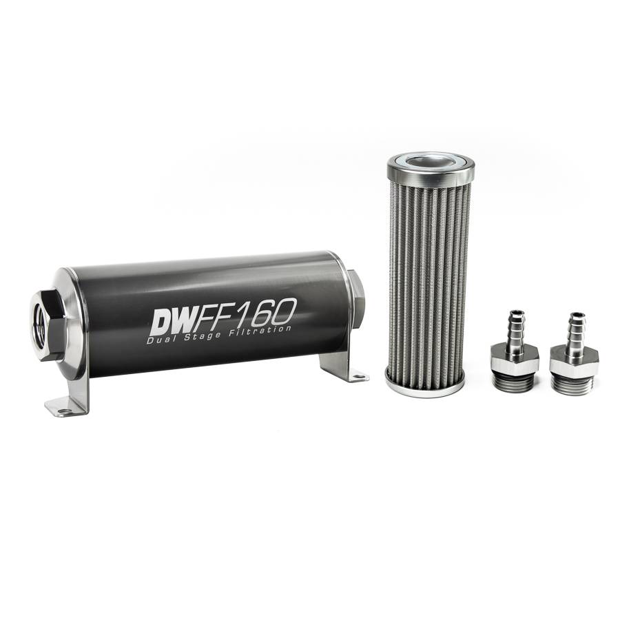 DeatschWerks - DeatshWerks In-Line Universal Fuel Filter Kit - Stainless Steel 100 micron, 5/16in Hose Barb, 160mm - Image 1