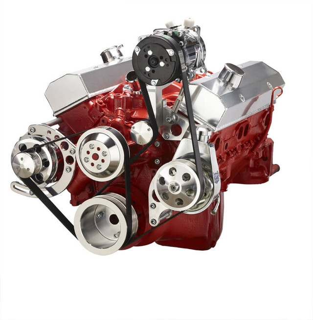 CVF Racing - CVF Chevy Small Block Serpentine Conversion System with AC, Alternator & Power Steering Brackets, For Long Water Pump - Polished - Image 1