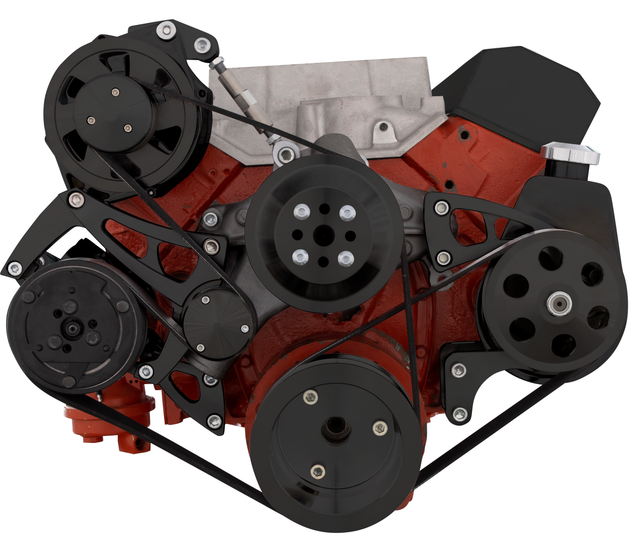 CVF Racing - CVF Chevy Small Block Serpentine Conversion System with Mid-Mount AC, Alternator, Power Steering Brackets, For Long Water Pump - Black - Image 1