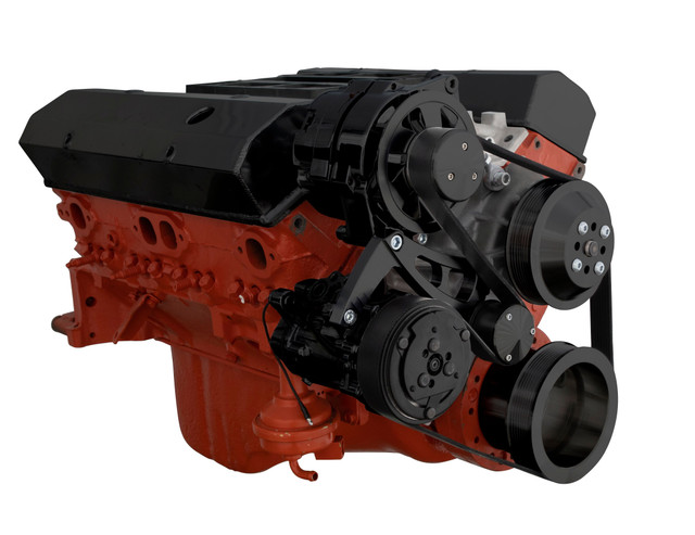 CVF Racing - CVF Chevy Small Block Serpentine Conversion System with Mid-Mount AC, Alternator Brackets, For Long Water Pump - Black - Image 1