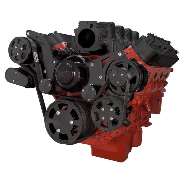 CVF Racing - CVF Chevy LS High-Mount Serpentine System with AC, Alternator & Power Steering with Electric Water Pump - Black (All Inclusive) - Image 1