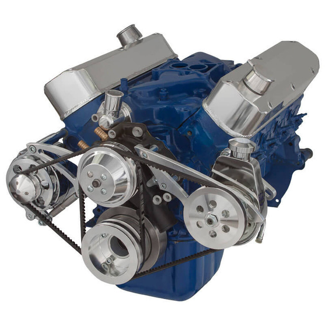 CVF Ford SBF 289, 302 351W V-Belt System with Alternator Power Steering  Brackets, For High Flow Water Pump Polished