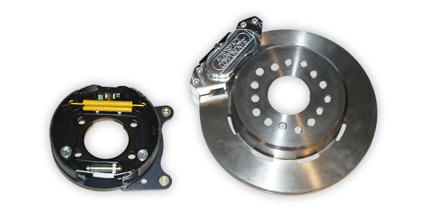 Aerospace Components - Aerospace 4 Piston Pro-Street Rear Drag Disc Brakes For Chevy Small GM 10/12 Bolt Housing Ends (5 Lug) W/ Drum Style Parking Brake - 1/2" Studs - Image 1