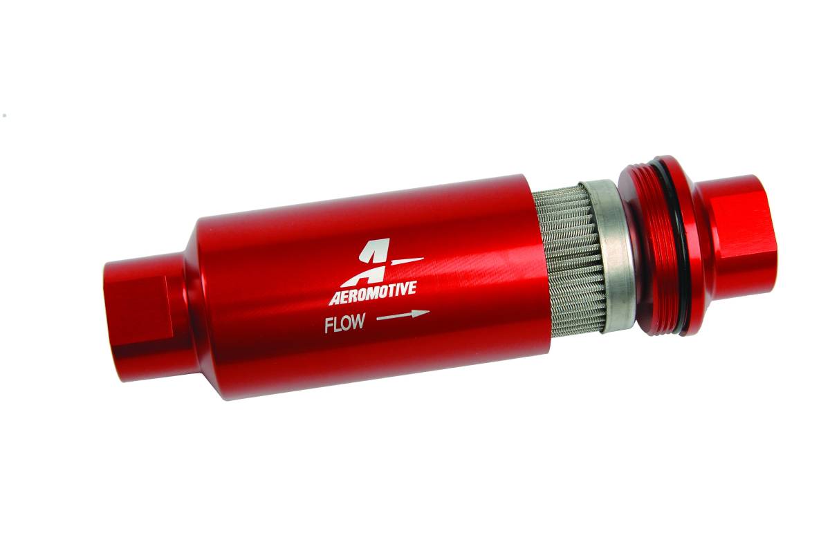 Aeromotive - Aeromotive Filter In-Line 100-Micron Stainless Mesh Element ORB-10 Port Bright-Dip Red 2" OD - Image 1