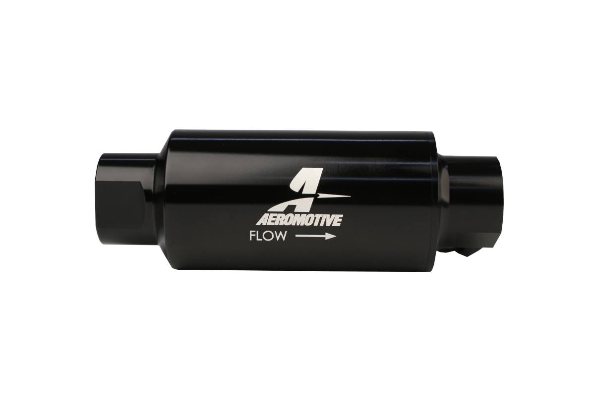 Aeromotive - Aeromotive Filter w/ Dual Outlet 10-m Fabric Element In-Line ORB10 Inlet / Outlet plus ORB-06 Outlet Bright-Dip Black 2" OD - Image 1