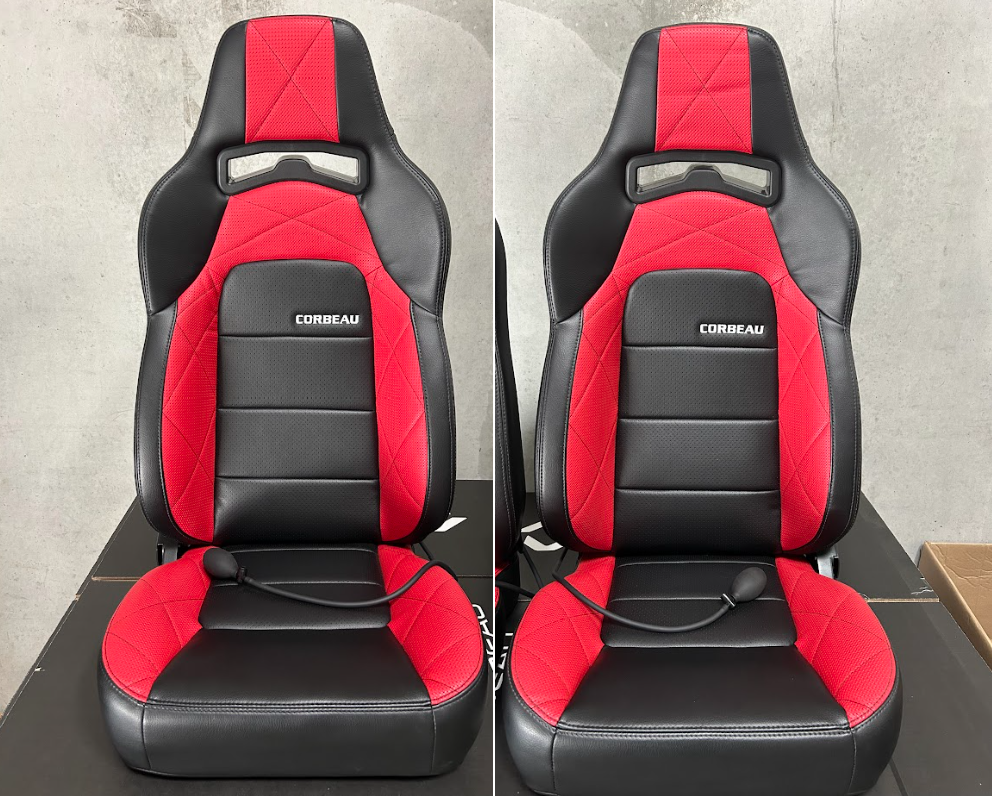 Corbeau-Blem - Blemished Corbeau Trailcat Black/Red Vinyl Reclining Back Racing Seats with Inflatable Lumbar Support - Pair - Image 1