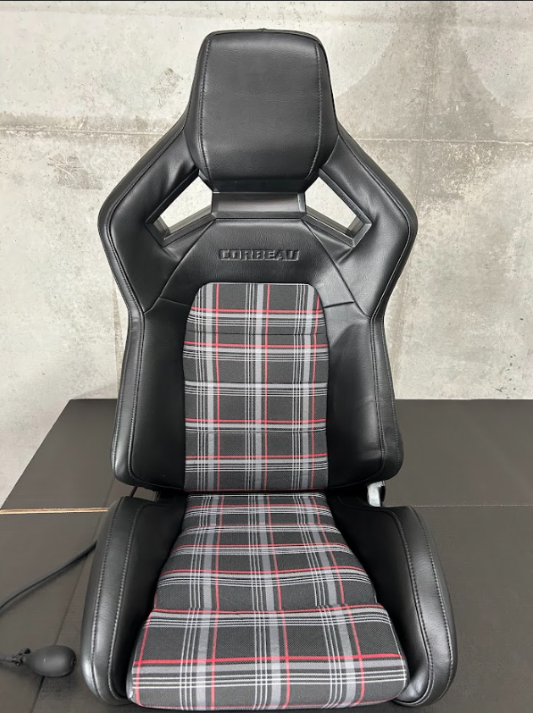 Corbeau-Blem - Blemished Corbeau RRX Black Vinyl / Red Plaid Cloth Driver Side Seat w/ Inflatable Lumbar Support - Single - Image 1