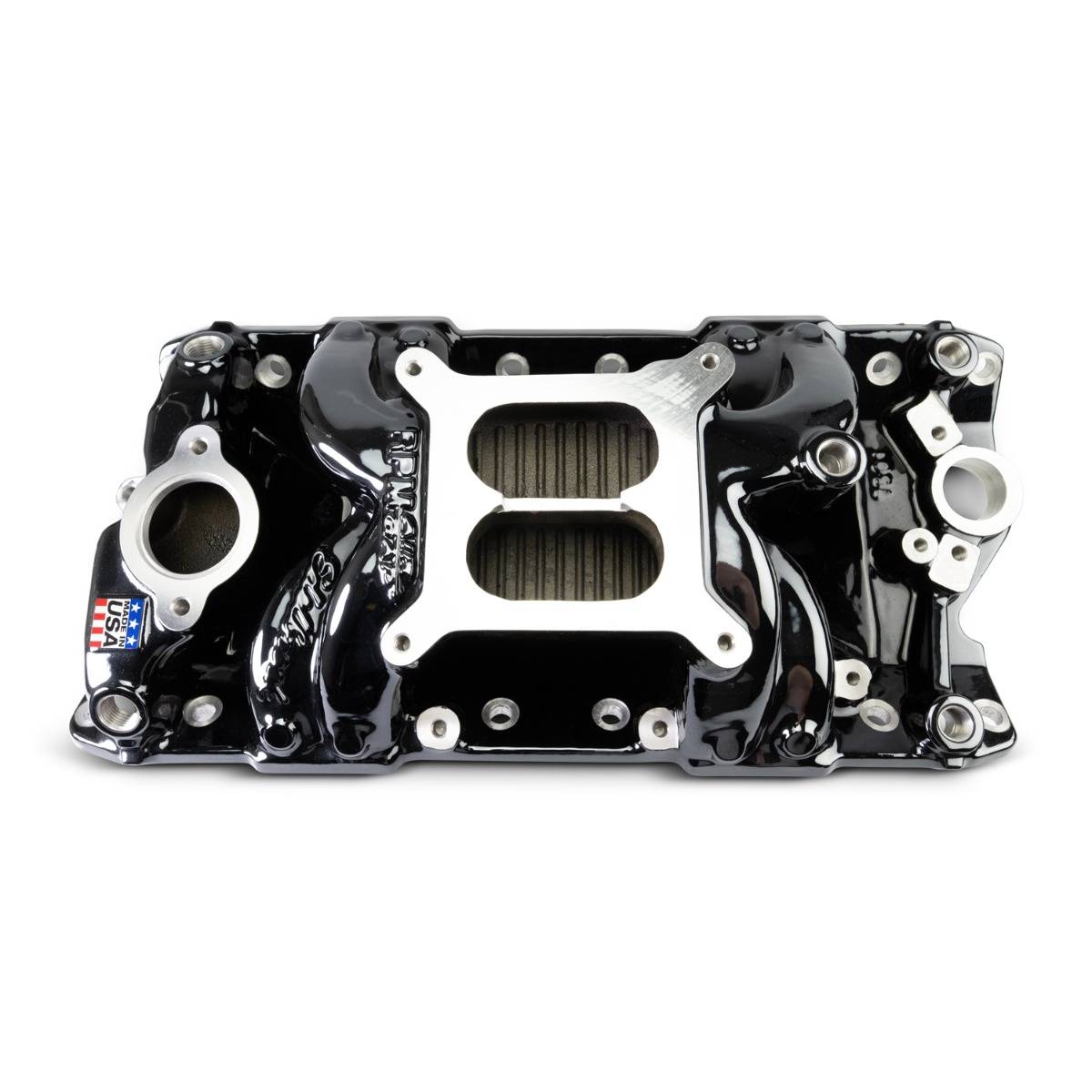 Edelbrock - Edelbrock Performer RPM Air-Gap SBC Dual Plane Black Plasma Intake Manifold - Square Bore - Image 1
