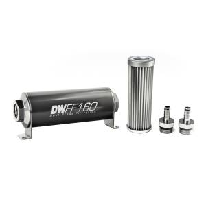 DeatshWerks In-Line Universal Fuel Filter Kit - Stainless Steel 5 micron, 3/8in Hose Barb, 160mm