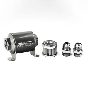 DeatshWerks In-Line Universal Fuel Filter Kit - Stainless Steel 5 Micron, 3/8in Hose Barb, 70mm