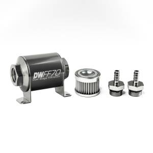 DeatshWerks In-Line Universal Fuel Filter Kit - Stainless Steel 5 Micron, 5/16in Hose Barb, 70mm