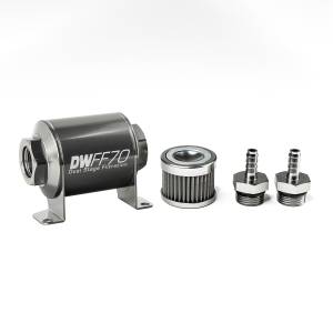 DeatshWerks In-Line Universal Fuel Filter Kit - Stainless Steel 40 Micron, 5/16in Hose Barb, 70mm