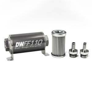 DeatshWerks In-Line Universal Fuel Filter Kit - Stainless Steel 5 Micron, 3/8in Hose Barb, 110mm