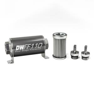 DeatshWerks In-Line Universal Fuel Filter Kit - Stainless Steel 5 Micron, 5/16in Hose Barb, 110mm