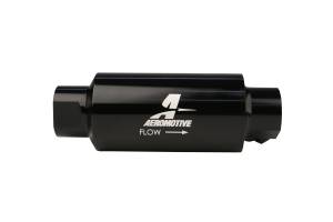 Aeromotive Filter w/ Dual Outlet 10-m Fabric Element In-Line ORB10 Inlet / Outlet plus ORB-06 Outlet Bright-Dip Black 2" OD